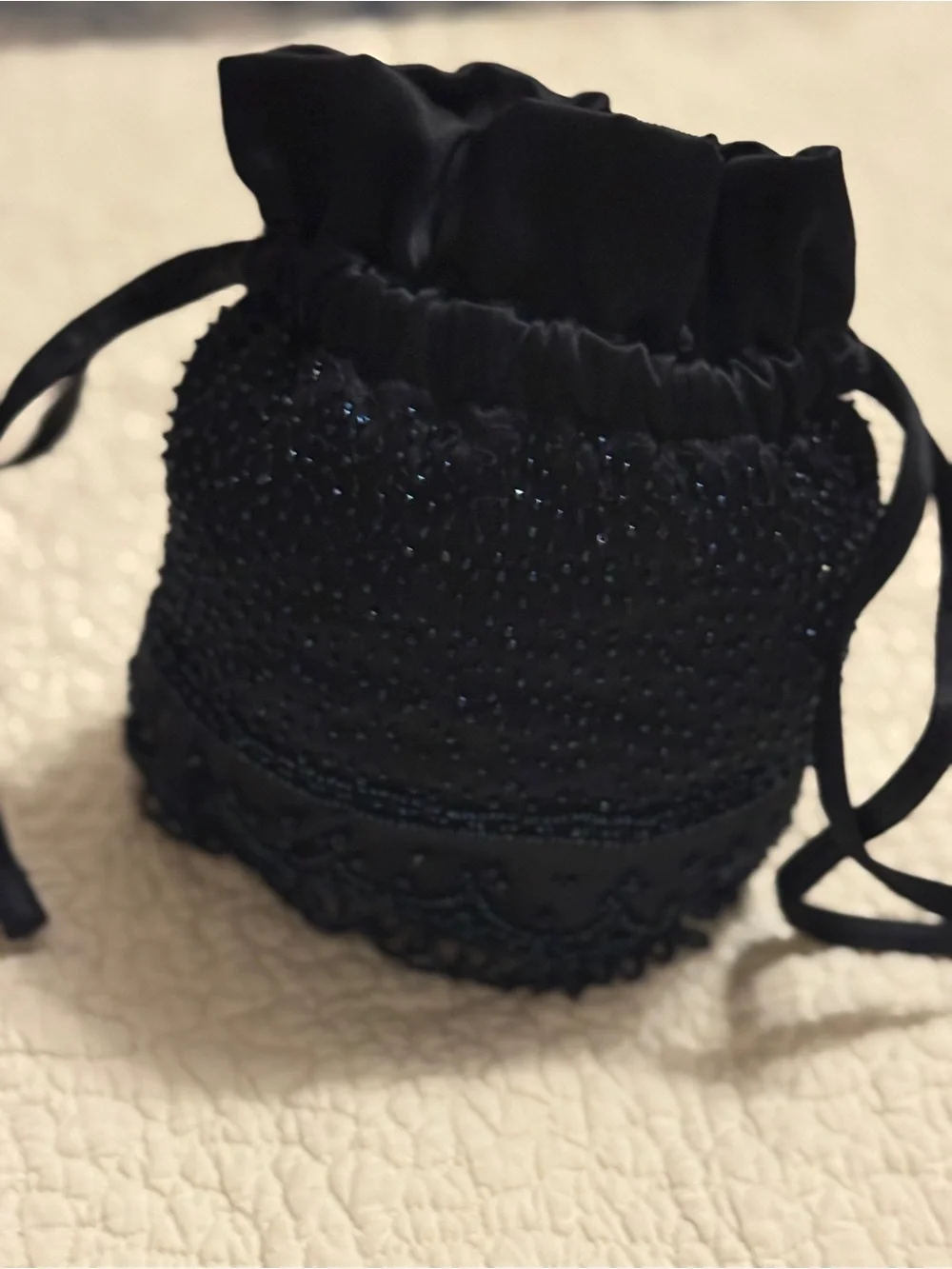 Black Drawstring Evening Pouch with sparkling black beading, Unbranded. 8” X 7”